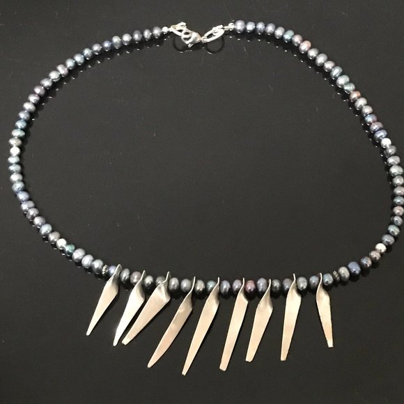 Conceptual Subculture Jewelry - Tahitian Pearl Sterling Silver Spiked Collar Choker Necklace 925 Fringe Handmade